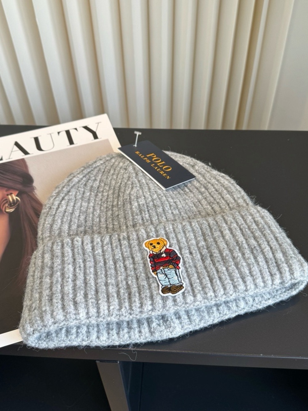 Polo by Ralph Lauren Gray Ribbed Bear-Patch Beanie